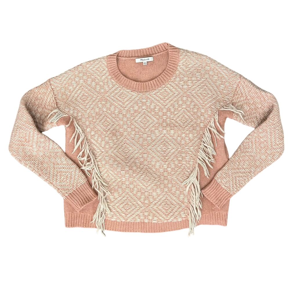 Madewell Pink Beige Reverse Diamond Crew Neck Pullover Sweater Fringe Size XS